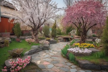 Wall Mural - blossoming cherry tree in garden with colorful blooms and stone pathway, created with generative ai