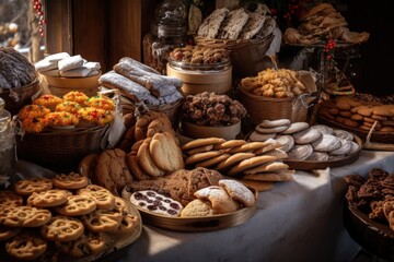 Poster - display of homemade cookies, biscotti, and other sweet treats for holiday or special occasion, created with generative ai