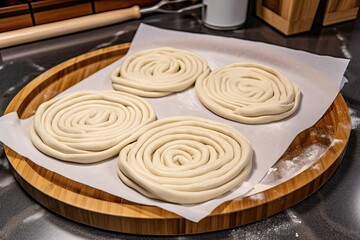 Sticker - plate of pizza dough rolled into ropes, ready to be stretched and shaped, created with generative ai