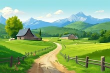 Countryside In The Mountains. A Road That Goes Through Old Houses And Green Fields In A Mountainous Area. Generative Ai,