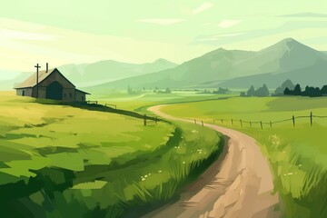 Sticker - countryside in the mountains. a road that goes through old houses and green fields in a mountainous area. generative ai,