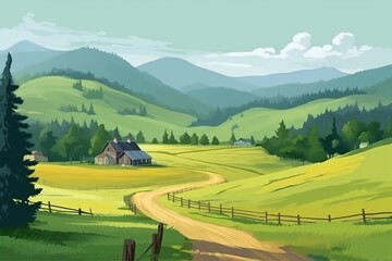 Sticker - countryside in the mountains. a road that goes through old houses and green fields in a mountainous area. generative ai,
