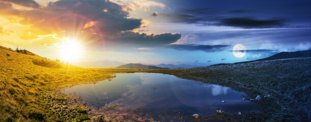 Wall Mural - day and night time change above the mountain pond. gorgeous equinox concept with sun and moon above 