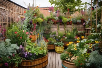 Poster - colourful garden with raised bed, hanging baskets and vertical planting, created with generative ai