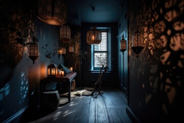 Sticker - dramatic room, with unique lighting and shadows created by hanging lanterns, created with generative ai