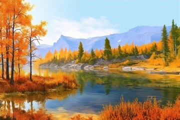 Sticker - lake with autumn trees near the mountains. autumn landscape. generative ai,