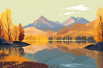 Sticker - lake with autumn trees near the mountains. autumn landscape. generative ai,