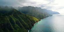 Coastal Beauty On A Hawaiian Tropical Island: The Beautiful Mountains And Sea Waters Of Kauai