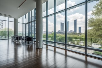 Poster - renovated office building with modern interior and exterior design, featuring floor-to-ceiling windows and sleek furnishings, created with generative ai