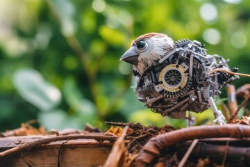 Poster - A small bird made out of mechanical parts. Generative AI image.