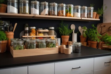 Wall Mural - a kitchen with a variety of herbs and spices for cooking, created with generative ai