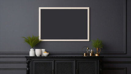 Wall Mural - Mockup frame on cabinet in living room interior on empty dark wall background. Generative Ai