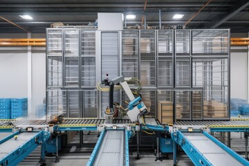 Poster - packaging and sorting robot, with view of the fully-automated warehouse operations, created with generative ai