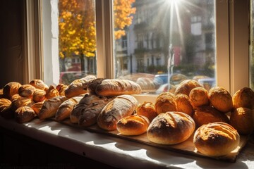 Wall Mural - row of artisan breads displayed in bakery window, with sun shining through, created with generative ai