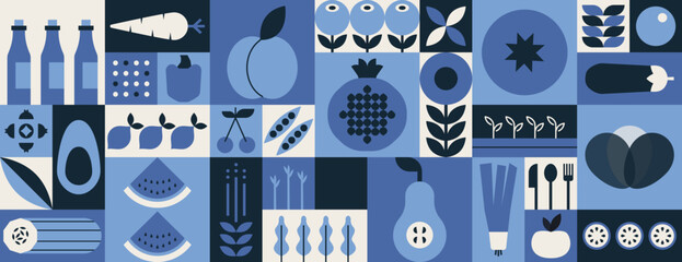 Wall Mural - Geometric mosaic food banner. Natural fruit vegetable pattern, simple minimal restaurant menu design. Vector background