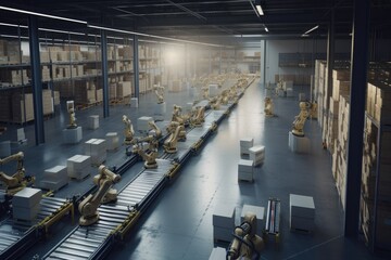 Poster - industrial warehouse, with robots working in unison to sort and pack products, created with generative ai