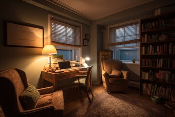 Canvas Print - cozy study with soft lighting and comfy chair for optimal learning environment, created with generative ai