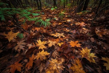 Poster - close-up of crunchy leaf and twig forest floor, created with generative ai