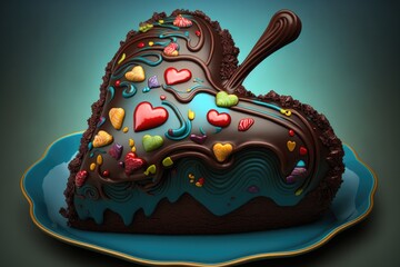 Wall Mural - heart-shaped chocolate cake with a whimsical design, topped with colorful frosting, created with generative ai