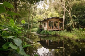 Poster - cozy eco-friendly cabin surrounded by lush greenery and tranquil waters, created with generative ai