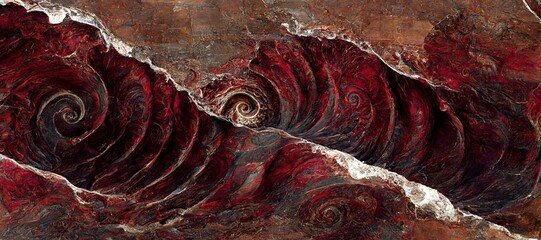 Poster - Fossilized ammonite sea shell spirals embedded into dark scarlet red slate rock. Prehistoric layered and ridged stone texture with detailed surface patterns - generative ai