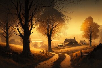 Wall Mural - rural landscape, with sun setting behind the trees, casting warm and golden light, created with generative ai