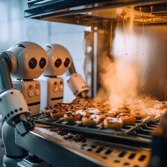 Poster - A robot that is cooking donuts on a grill. Generative AI image.