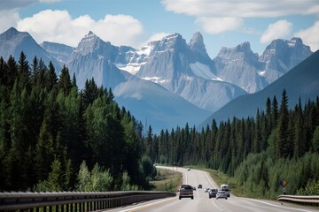 Canvas Print - majestic mountain range, with towering peaks and forests, seen from the highway, created with generative ai