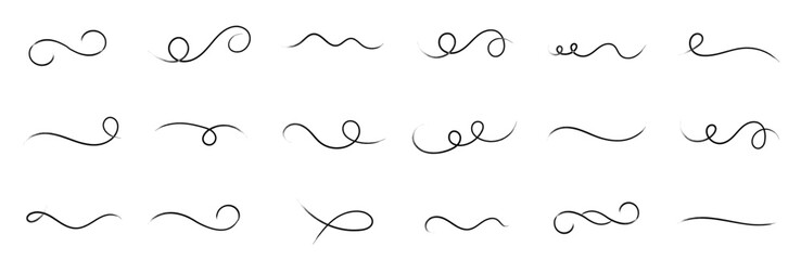 Calligraphy wavy lines. Decorative swashes for text. Swoosh curve strokes. Vintage letterring ornaments. Swirl underline isolated on white background. Vector illustration.