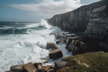 Wall Mural - majestic coastal cliffs, with waves crashing against the rocks below, created with generative ai