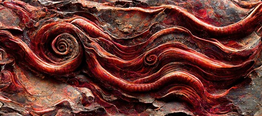 Poster - Fossilized ammonite sea shell spirals embedded into dark scarlet red slate rock. Prehistoric layered and ridged stone texture with detailed surface patterns - generative ai