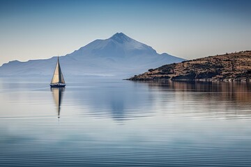 Sticker - sailing boat passing through calm waters, with majestic mountains in the background, created with generative ai