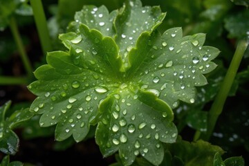 Poster - close-up of garden plant with dew droplets on leaves, created with generative ai