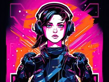 Image Of An Anime Girl Listening To Music With Headphones, Video Game Style, Colorful Color Saturation, Neon. Created By AI.
