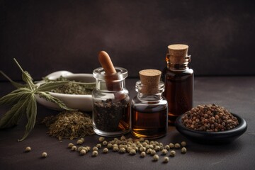 Canvas Print - natural ingredients and herbs for cbd oil, with close-up view, created with generative ai