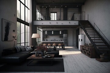 Poster - industrial home with sleek furniture and minimalist design elements, created with generative ai