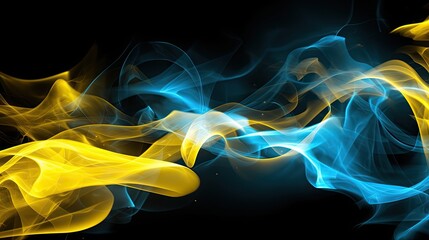 Abstract yellow-blue flame of various shapes on a black background. Created by AI.