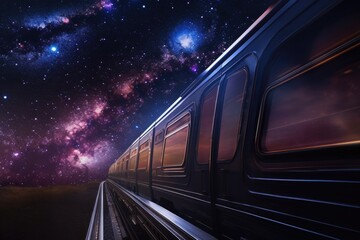 Poster - futuristic train speeds past view of the cosmos, with planets and stars visible in the distance, created with generative ai