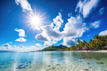 Canvas Print - exotic destination with bright sun, blue sky, and white clouds, created with generative ai