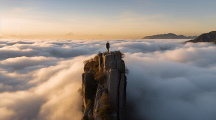 Aerial view of a man standing on the edge of a cliff above the clouds at sunrise. Generative AI.