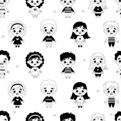 Wall Mural - Cute kids seamless pattern. Funny happy kids boys and girls on transparent background. Vector illustration. Childrens collection hand drawing for design, textile, wallpaper, packaging.