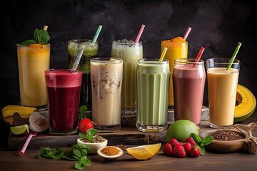 Wall Mural - variety of smoothies and shakes, with different ingredients, flavors and textures, created with generative ai