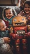 A group of children sitting on a couch with a toy robot. Generative AI image.