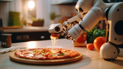 Canvas Print - A robot is putting cheese on a pizza. Generative AI image.