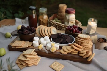 Wall Mural - family picnic with fire pit and s'mores ingredients for sweet treat, created with generative ai