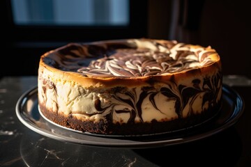 Poster - towering cheesecake, with swirls of creamy filling and rich crust visible, created with generative ai