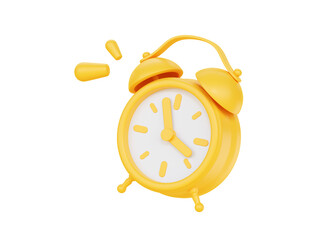 Clock 3d render icon - simple alarm timer concept, yellow retro style flying alarmclock