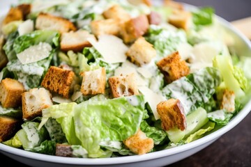 Wall Mural - pile of chopped romaine, croutons, and creamy caesar dressing, created with generative ai