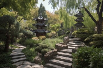 Poster - peaceful garden, with view of the towering china pagoda in the distance, created with generative ai