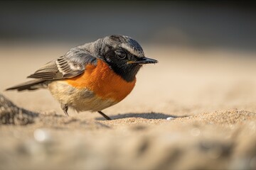 Wall Mural - male redstart bird with its head in the sand, ready to catch a fish, created with generative ai